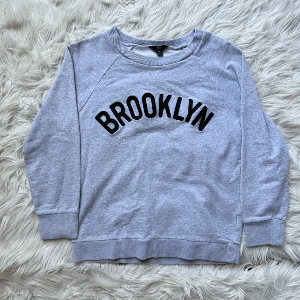 J.Crew cotton terry gray raglan chain stitch embroider Brooklyn Sweatshirt XS
